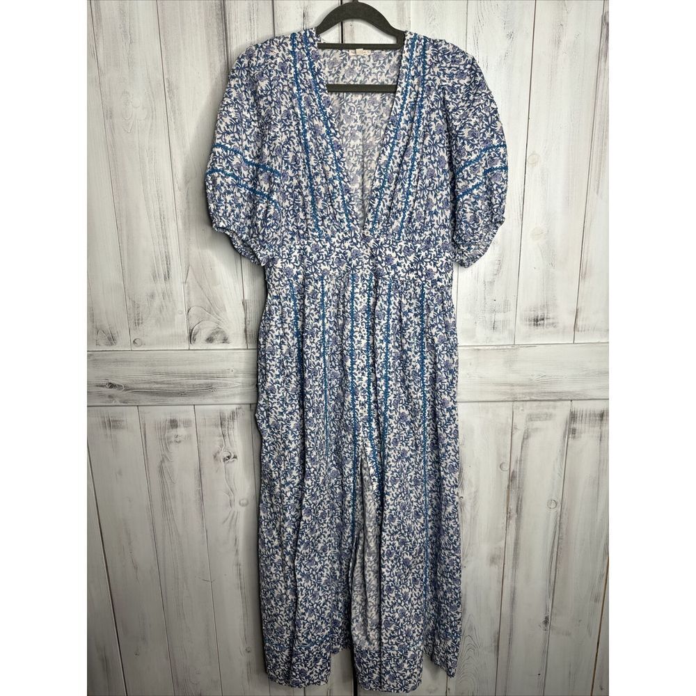 POUPETTE ST BARTH REINE‎ BLUE WHITE FLORAL PLUNGE NECK PUFF SLEEVE MIDI DRESS M